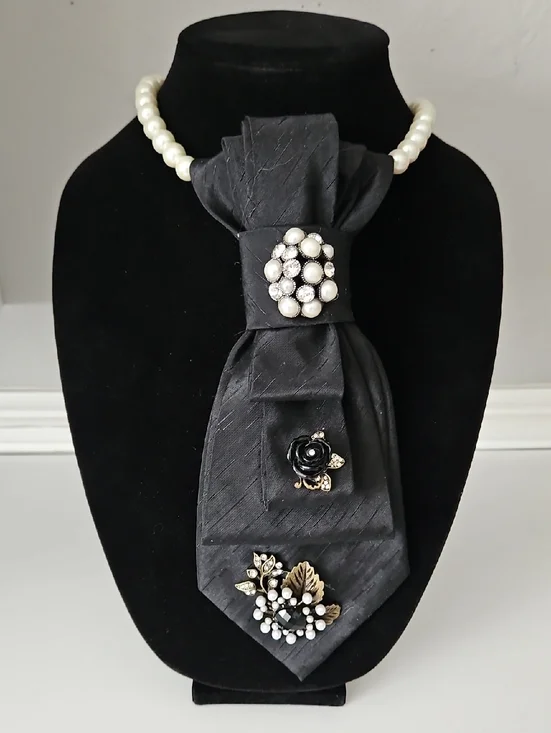 Black Upcycled Necktie Necklace with a Black Rose and Pearls - Picture 1 of 6
